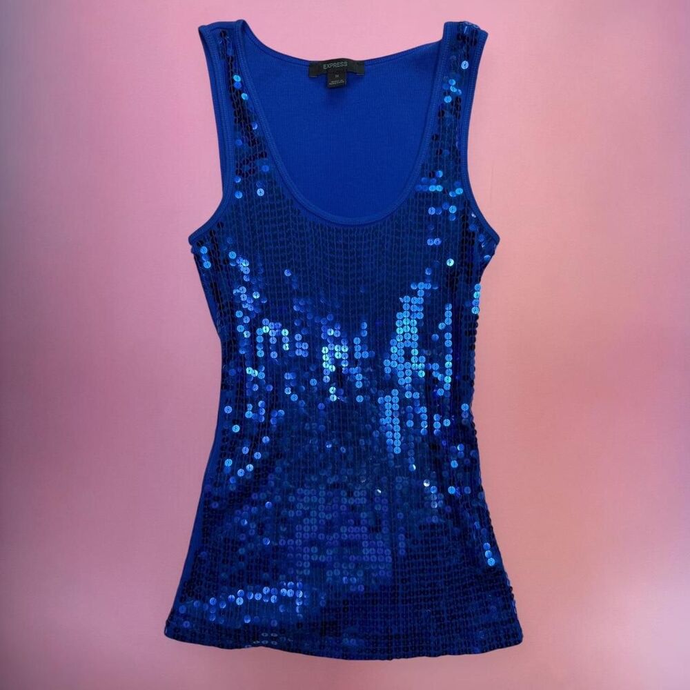 Y2K Express 2000s Mcbling rich blue sequin tank top💚